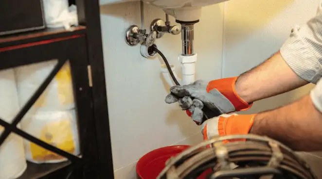 Drain cleaning technician using a motorized plumbing snake to clear a clogged sink pipe in Fort Worth, TX
